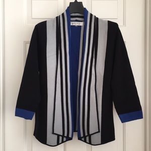 Kasper Blazer Style Small Cardigan Black Blue White Stripes Padded Shoulder NWOT